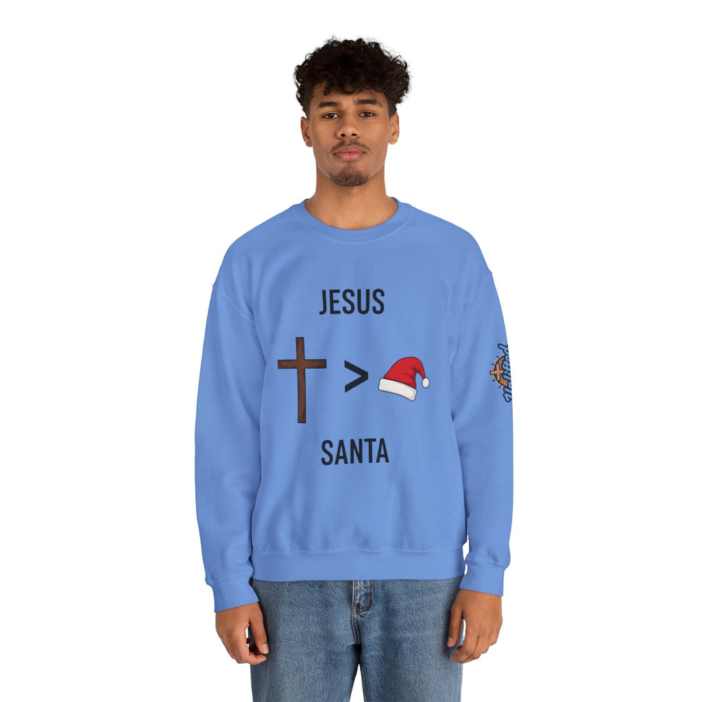 🎄 Jesus > Santa – Minimalist Christian Christmas Sweatshirt | Bold Faith Over Holiday Tee | Cross vs Santa Hat Design | Uplifted Gear Printify