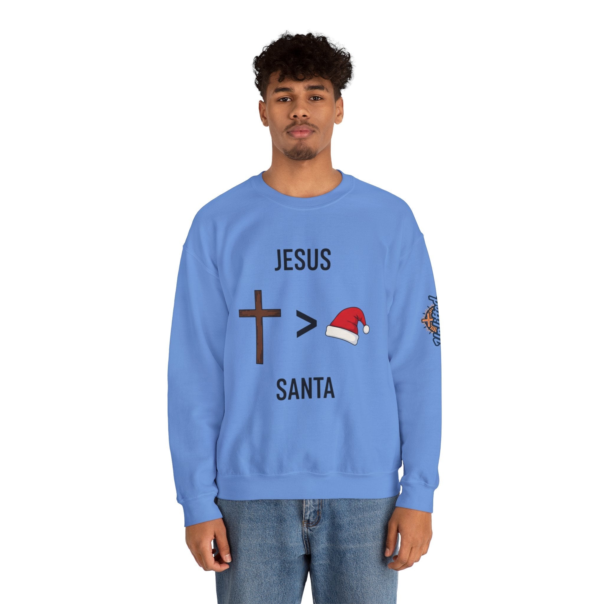 🎄 Jesus > Santa – Minimalist Christian Christmas Sweatshirt | Bold Faith Over Holiday Tee | Cross vs Santa Hat Design | Uplifted Gear Printify
