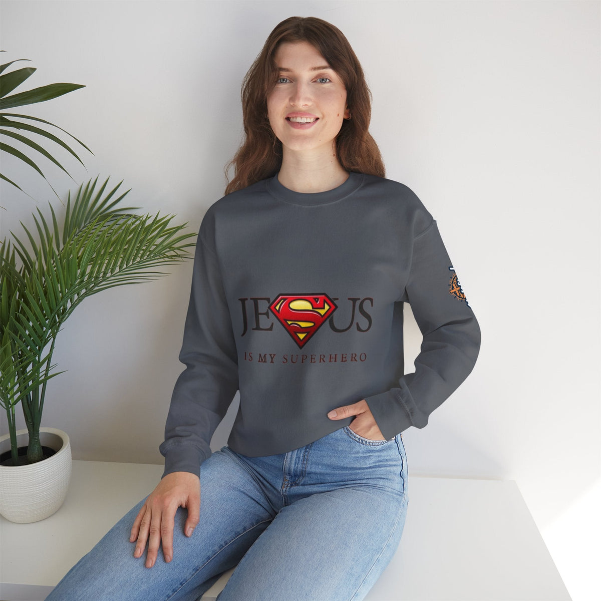 Jesus Is My Superhero Crewneck Sweatshirt Printify