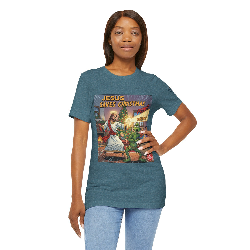 Jesus Saves Christmas T-shirt – Grinch vs Savior Light Battle Christian T-shirt for Hilarious Holiday Faith & True Joy Printify