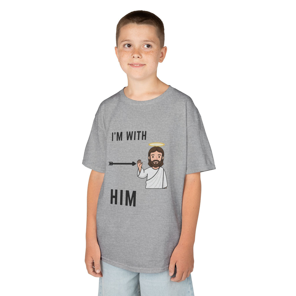 🔥 I’m With Him → Christian Kids T-Shirt | Arrow Pointing to Jesus | Minimalist Faith Tee | Subtle Cross Design | Bible-Inspired Apparel by Uplifted Gear Printify