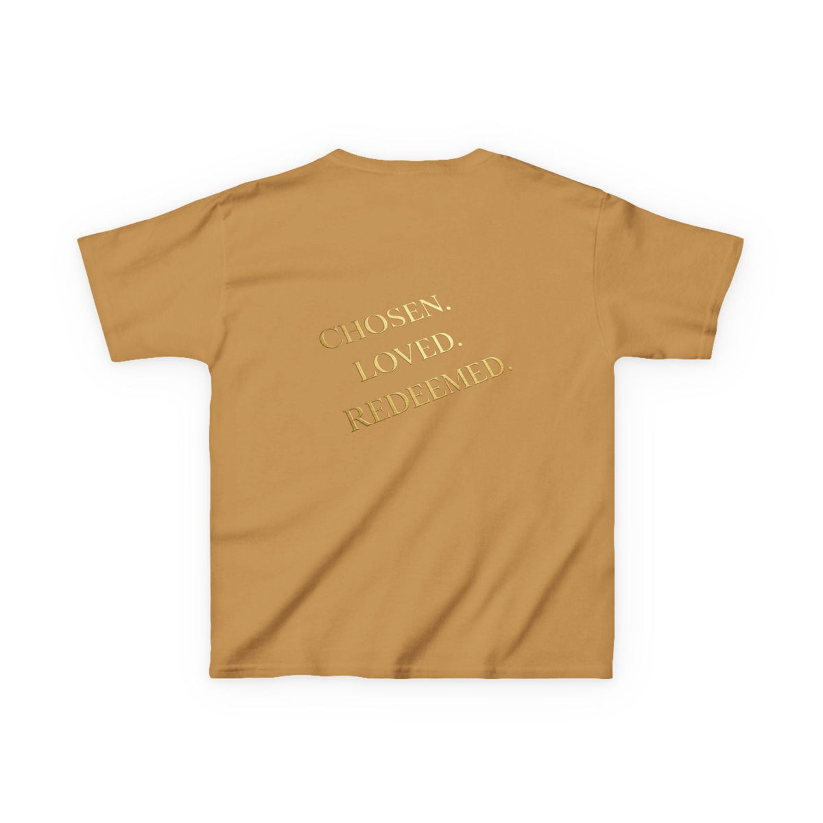 ✨ Chosen. Loved. Redeemed. – Elegant Christian Kids T-Shirt | Gold Foil Faith Tee | Subtle Cross & Heart Design | Inspirational Bible Verse Apparel by Uplifted Gear Printify