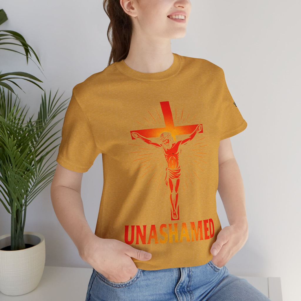 Unashamed T-shirt – Romans 1:16 Crucifixion Christian t-shirt for Bold Unwavering Faith Printify