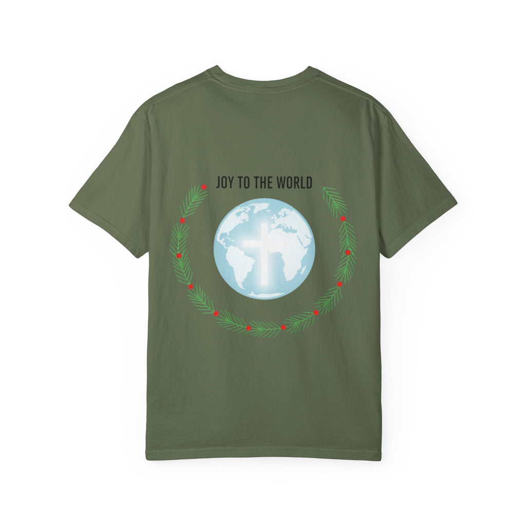 Joy to the World T-shirt – Wreath Earth Nativity Christian Christmas T-shirt for Isaiah 9:6 Holiday Faith & Festive Joy Printify