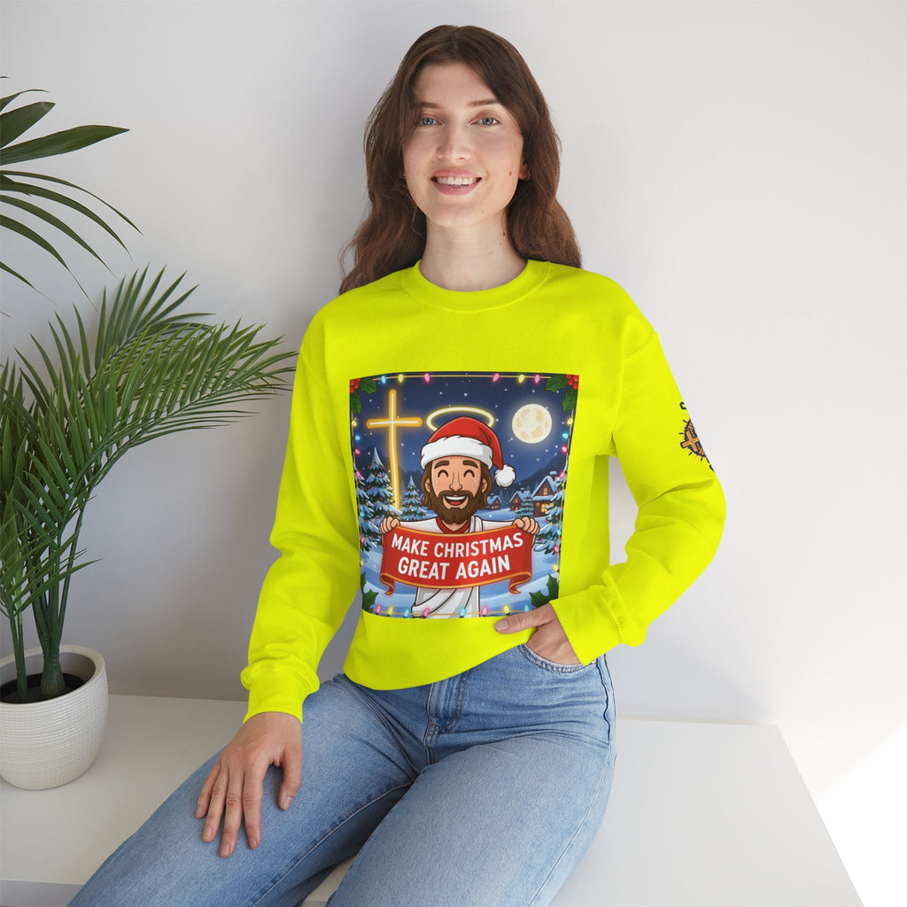🎄 Make Christmas Great Again – Funny Christian Sweatshirt | Jesus Holding Banner | Faith-Based Holiday Parody Tee | Uplifted Gear Printify
