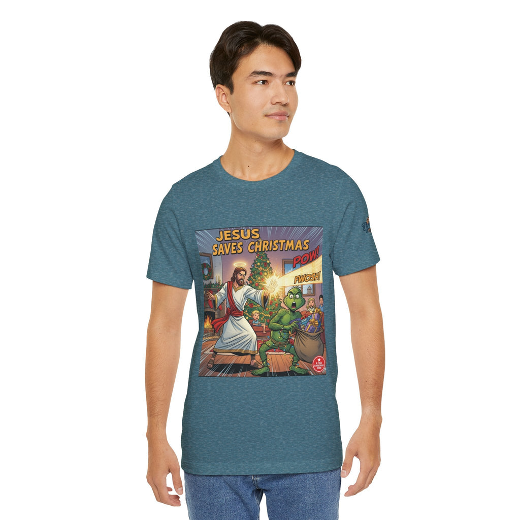 Jesus Saves Christmas T-shirt – Grinch vs Savior Light Battle Christian T-shirt for Hilarious Holiday Faith & True Joy Printify
