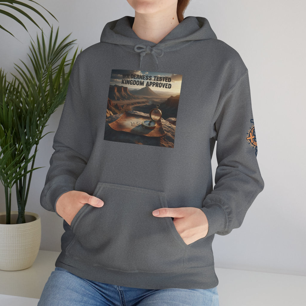 Wilderness Tested Kingdom Approved Hoodie – Mountain Desert Compass Crown Christian Sweatshirt for Biblical Adventure Faith Printify