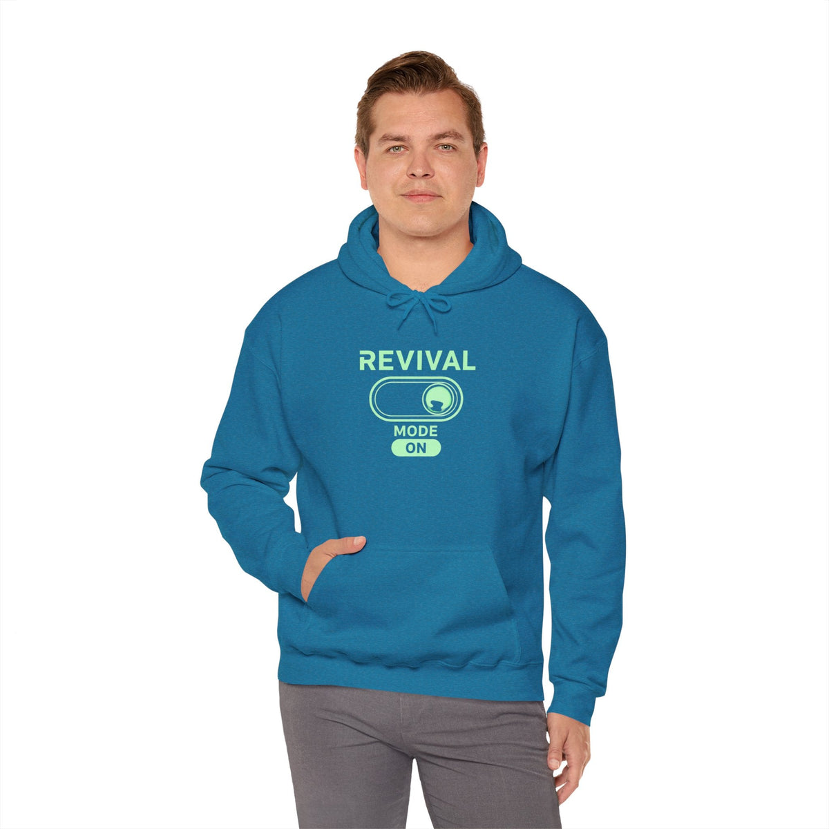 🔥 Revival Mode: ON – Christian Techwear Hoodie | Glowing Green Faith Switch | Futuristic Jesus Shirt | Activate Your Spiritual Awakening | Uplifted Gear Printify