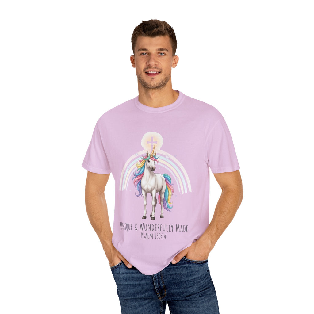 Unique Unicorn Christian T-Shirt – Wonderfully Made with Rainbow Cross & Psalm 139:14 Printify