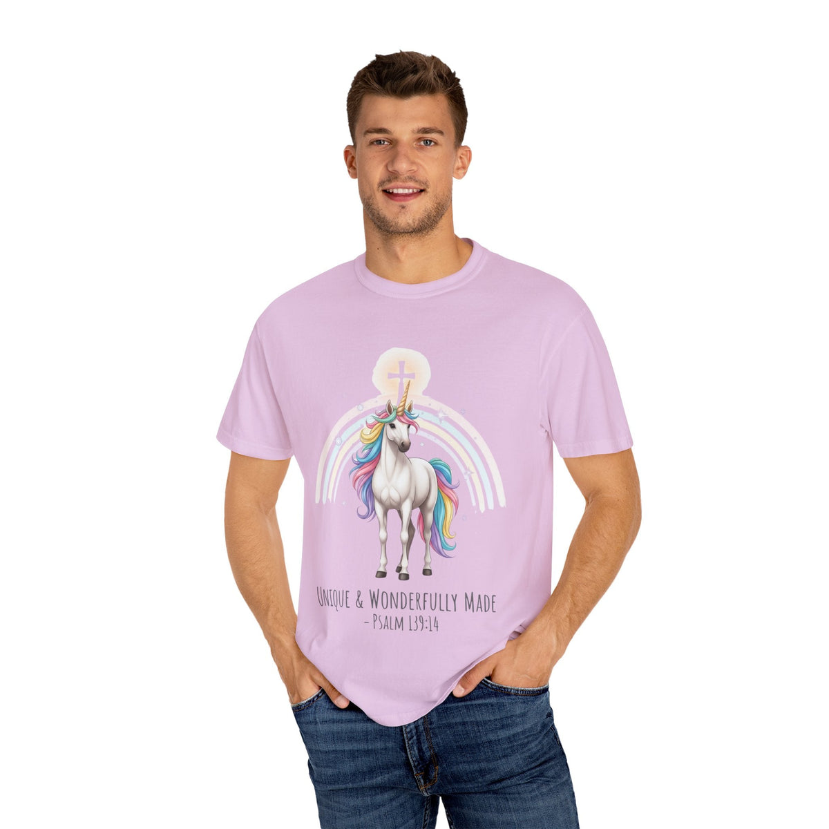 Unique Unicorn Christian T-Shirt – Wonderfully Made with Rainbow Cross & Psalm 139:14 Printify