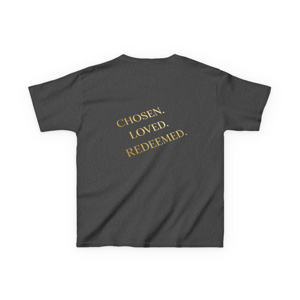 ✨ Chosen. Loved. Redeemed. – Elegant Christian Kids T-Shirt | Gold Foil Faith Tee | Subtle Cross & Heart Design | Inspirational Bible Verse Apparel by Uplifted Gear Printify
