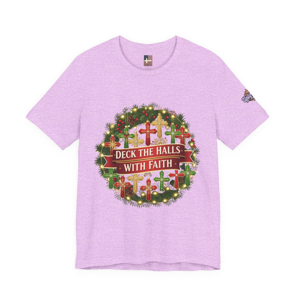 🎄 Deck the Halls with Faith – Christian Christmas T-Shirt | Cross Ornament Design & Festive Garland | Bold Holiday Faith Tee by Uplifted Gear Printify