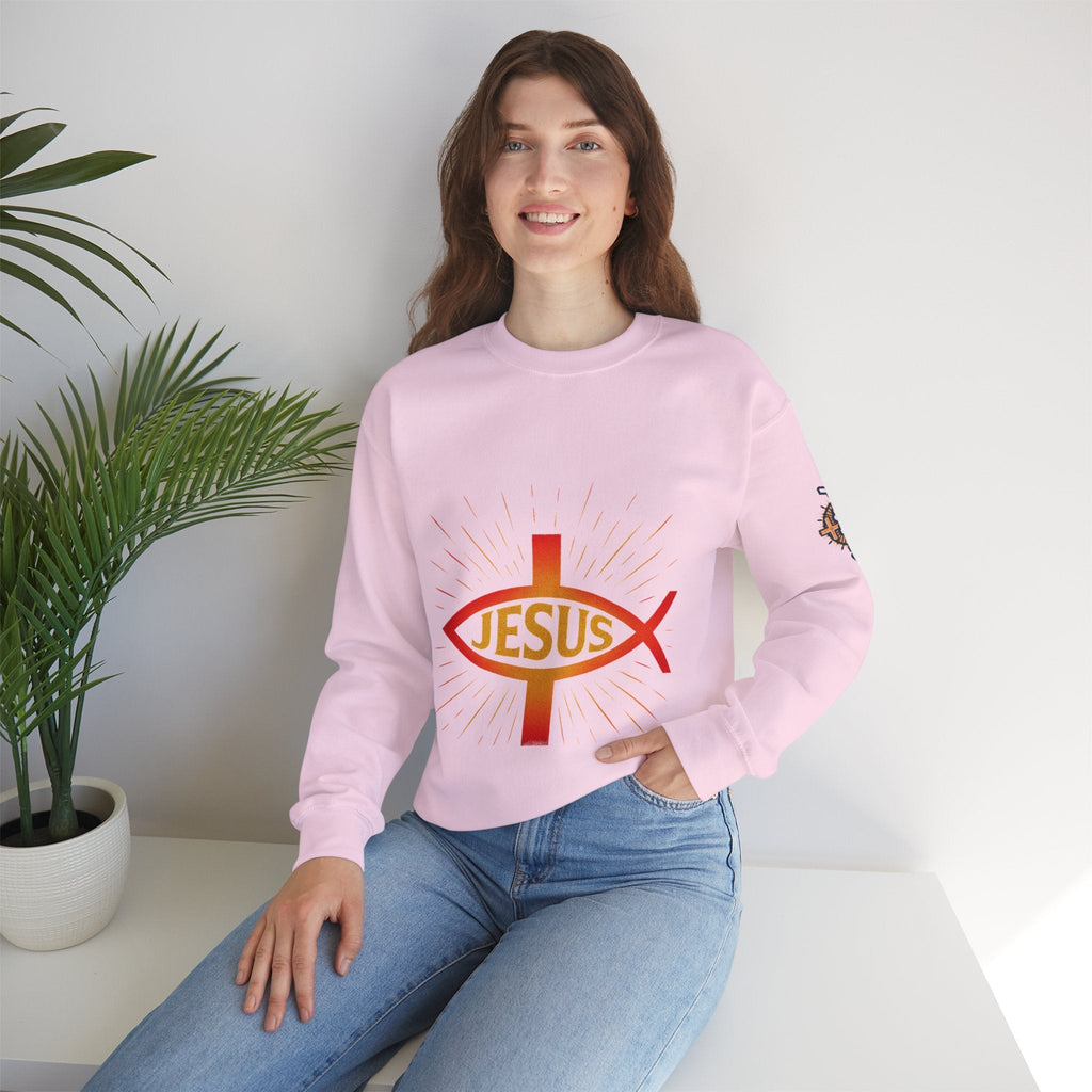 Jesus Ichthys Sweatshirt – Christian Fish Symbol with Cross & Jesus Inscription Sweatshirt for Eternal Faith & Streetwear Printify
