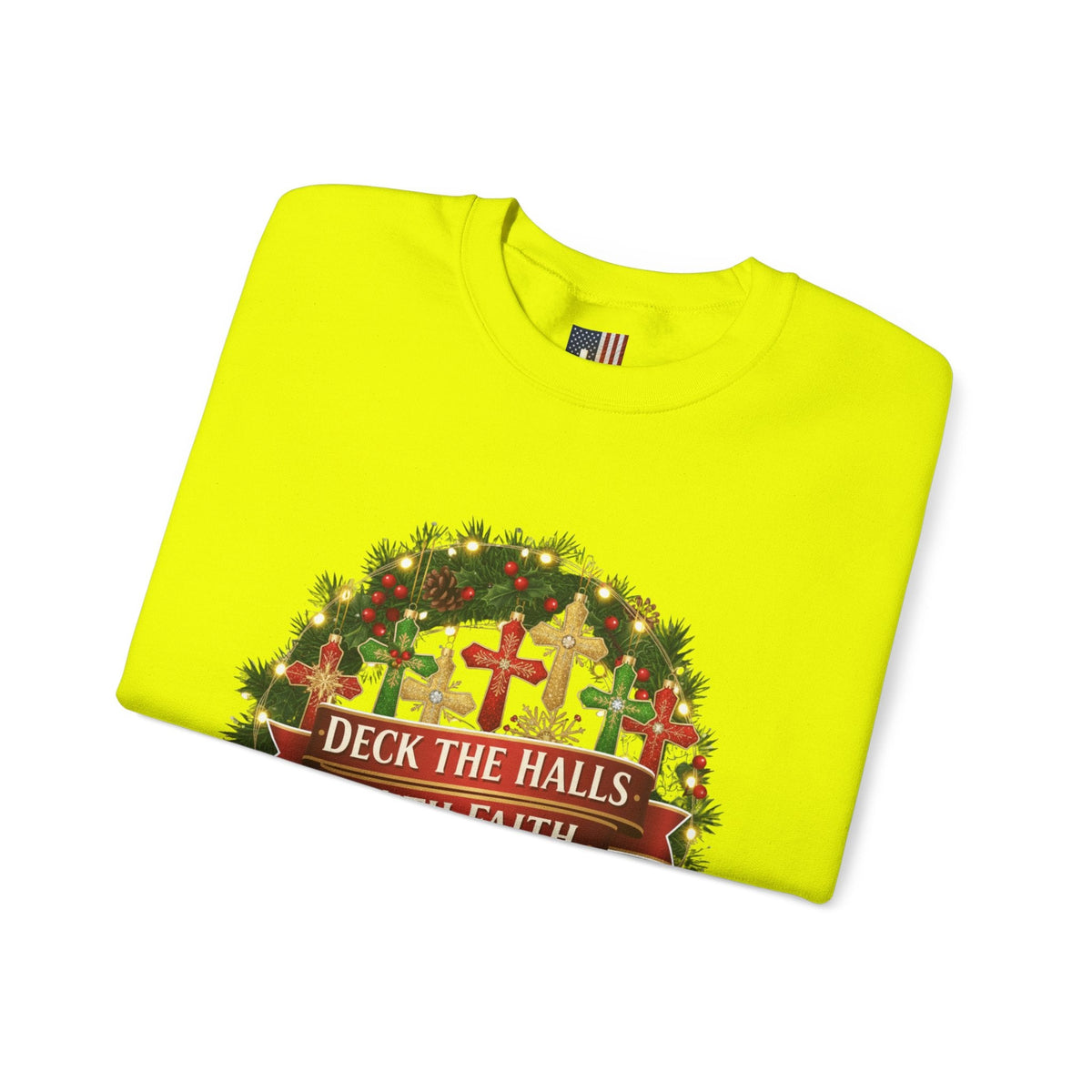 🎄 Deck the Halls with Faith – Christian Christmas Sweatshirt | Cross Ornament Design & Festive Garland | Bold Holiday Faith Tee by Uplifted Gear Printify