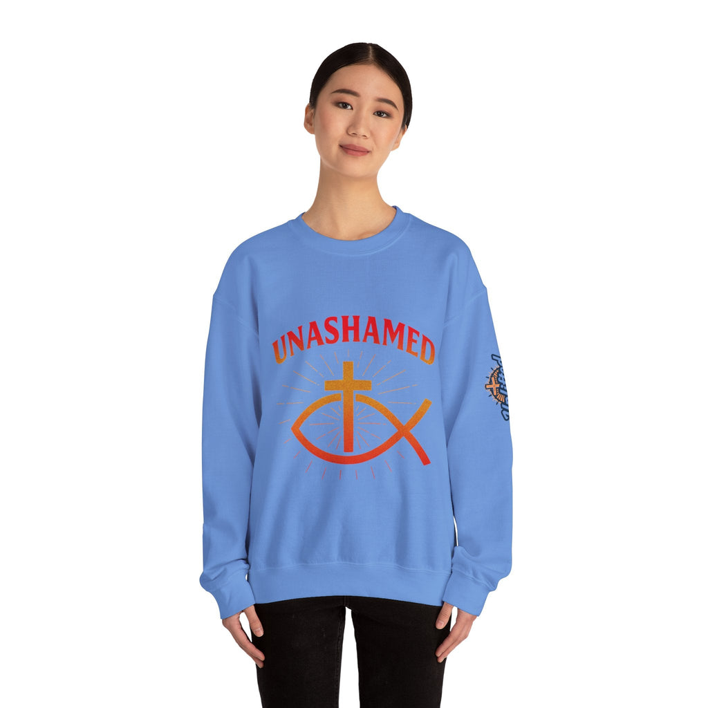 Unashamed Sweatshirt – Ichthys Jesus Fish & Cross Christian Sweatshirt for Romans 1:16 Bold Faith Printify