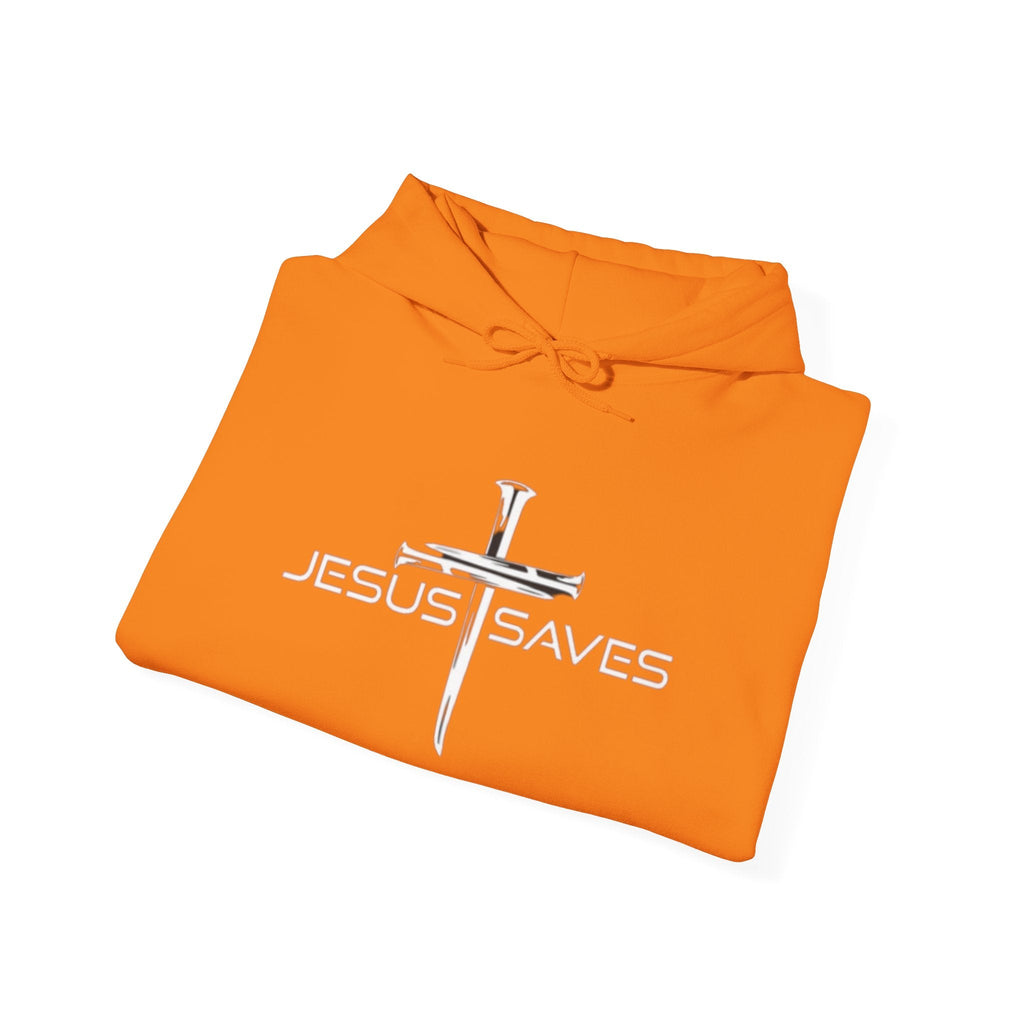 Jesus Saves Hoodie – 3 Nails Crucifix Cross Christian Sweatshirt for Redemption Faith & Bold Salvation Printify