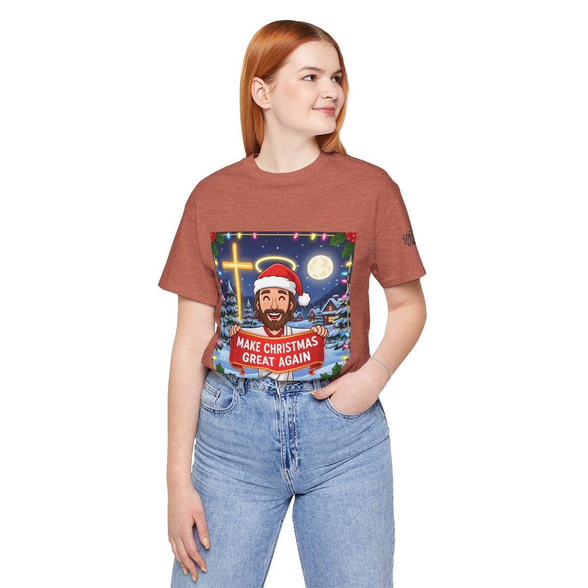 🎄 Make Christmas Great Again – Funny Christian T-Shirt | Jesus Holding Banner | Faith-Based Holiday Parody Tee | Uplifted Gear Printify