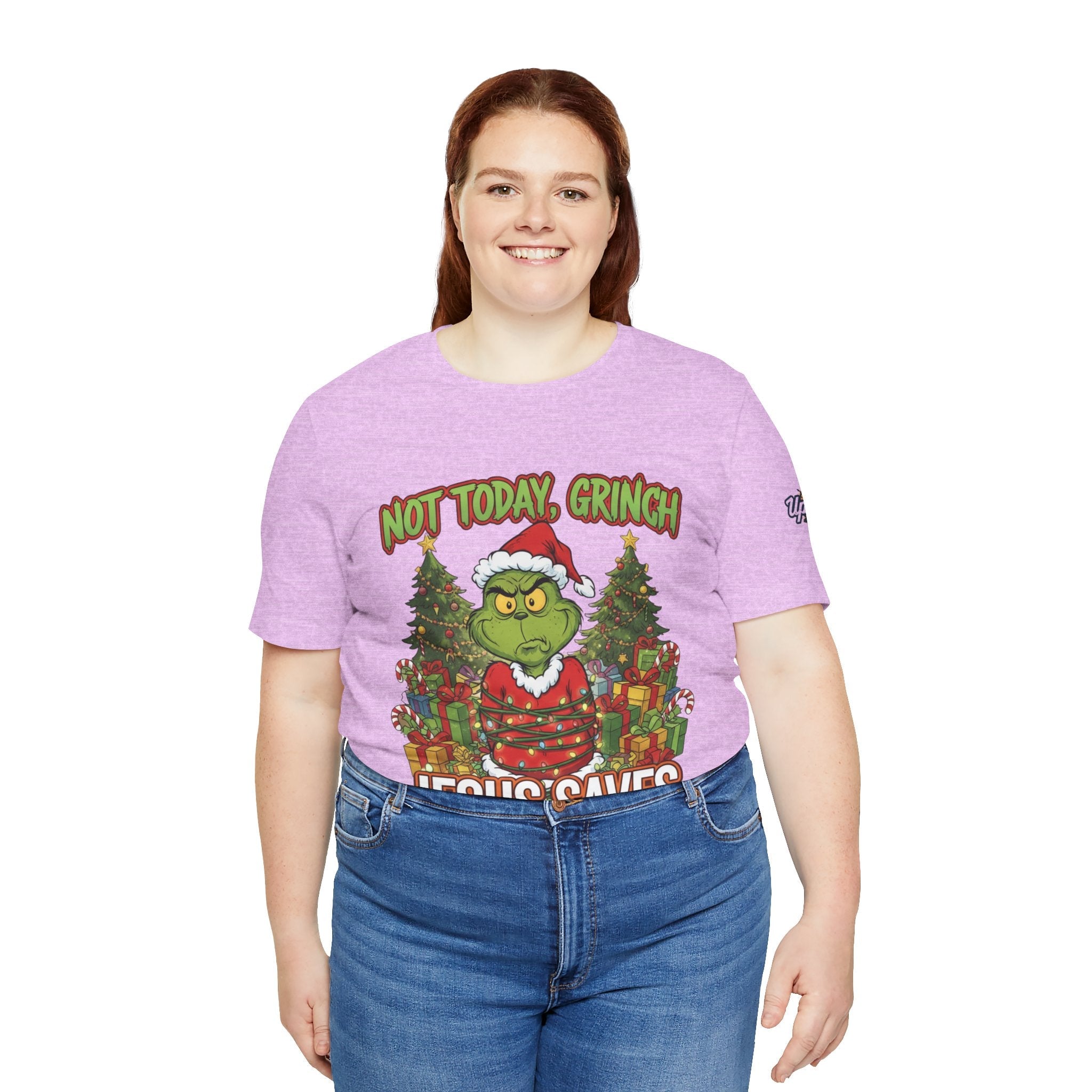 🎄 Not Today, Grinch – Jesus Saves | Funny Christian Christmas T-Shirt | Sulking Grinch & Glowing Cross | Bold Neon Faith Tee by Uplifted Gear Printify