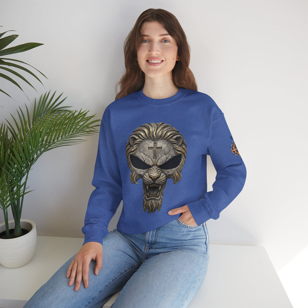 Lion of Judah Skull Christian Sweatshirt - Warrior Faith Cross Sweatshirt Printify