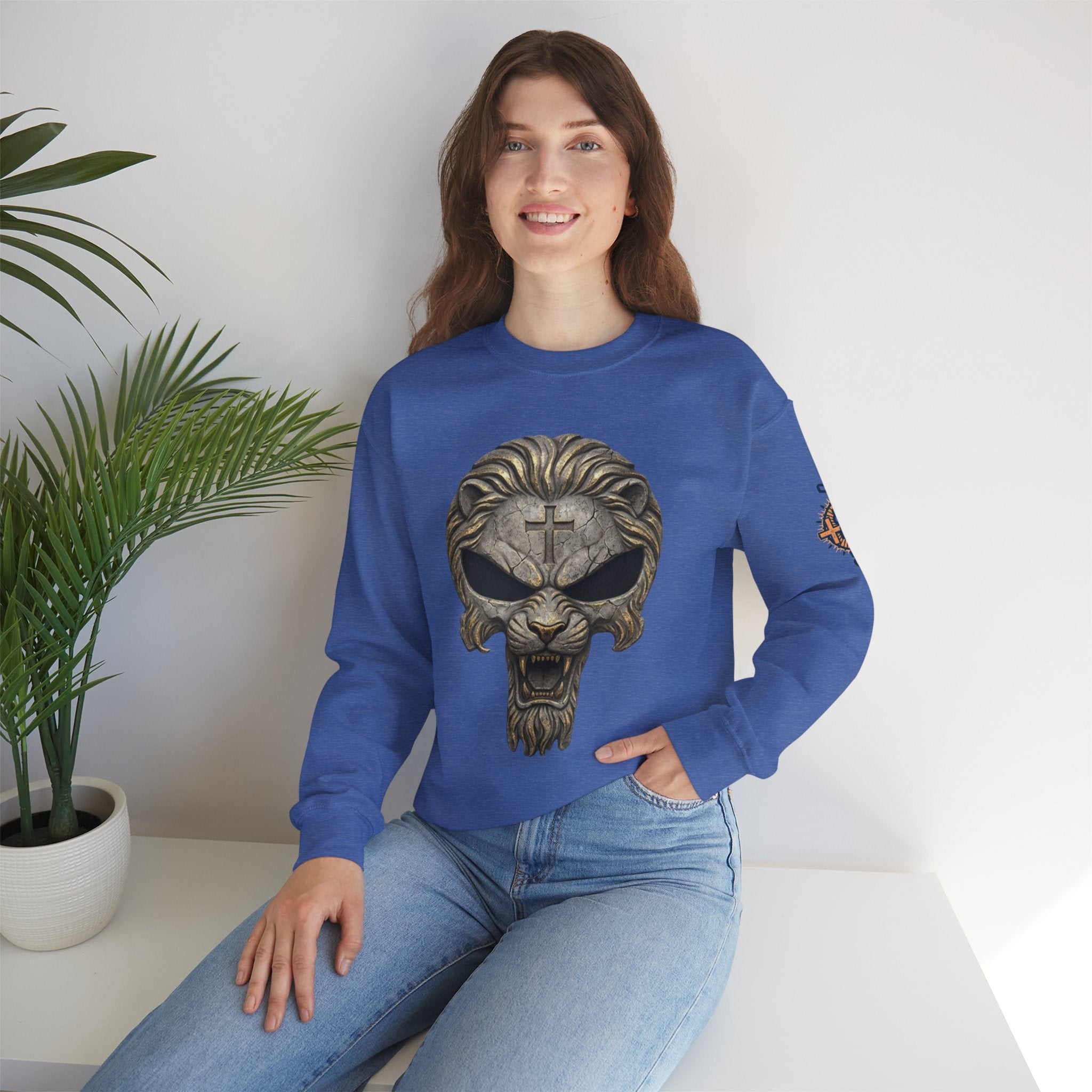 Lion of Judah Skull Christian Sweatshirt - Warrior Faith Cross Sweatshirt Printify