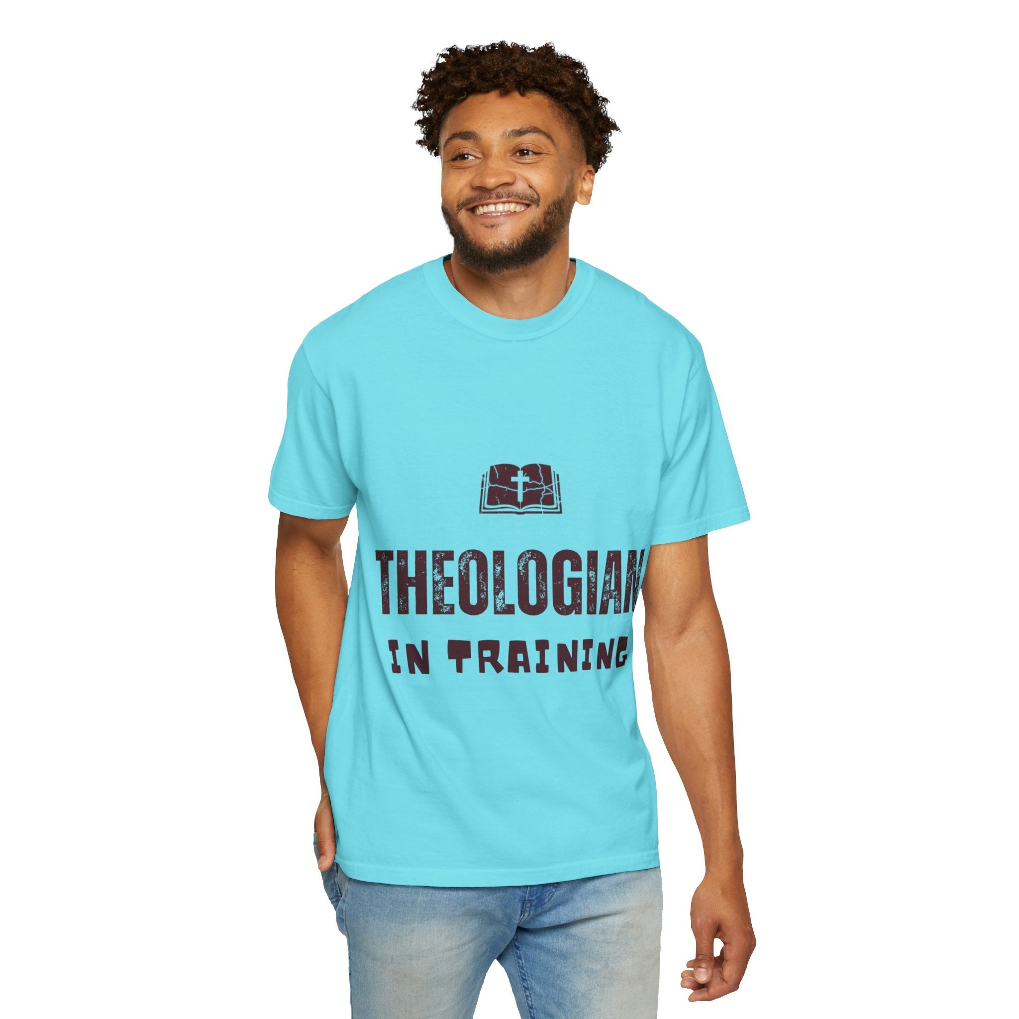 Theologian in Training T-Shirt – Open Bible & Cross Christian Tee for Faithful Learners Printify