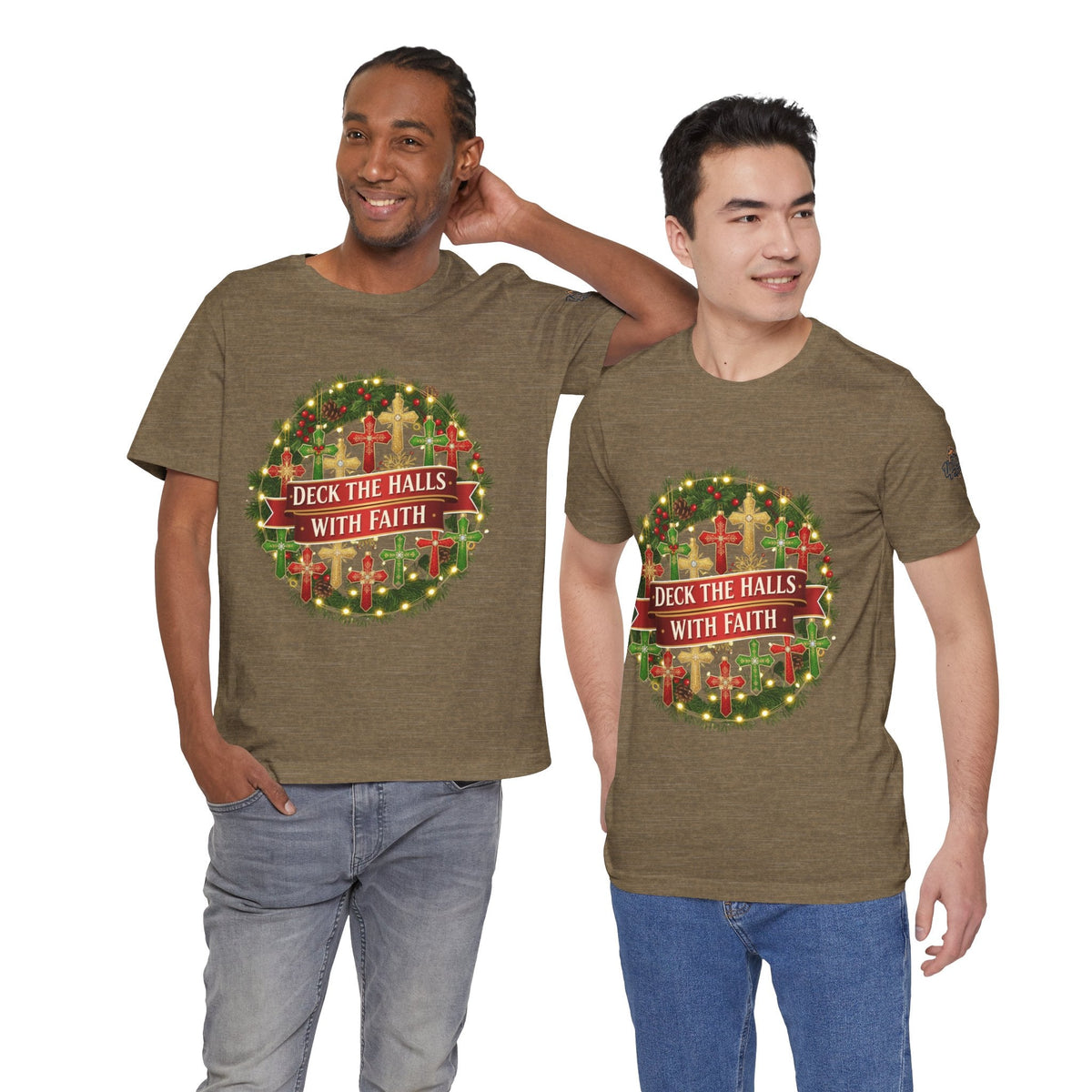 🎄 Deck the Halls with Faith – Christian Christmas T-Shirt | Cross Ornament Design & Festive Garland | Bold Holiday Faith Tee by Uplifted Gear Printify