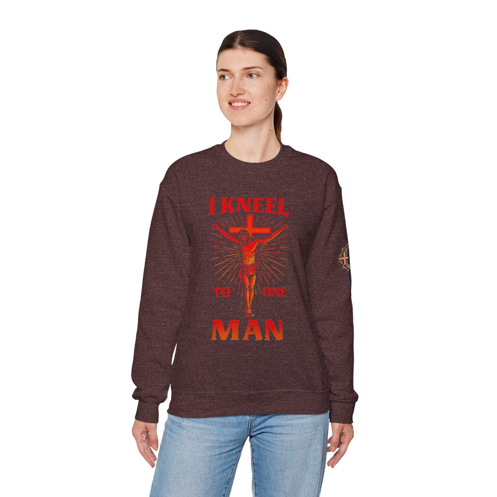 I Kneel to One Man Sweatshirt – Crucifixion Christian Sweatshirt for Unashamed Devotion & Bold Faith Printify