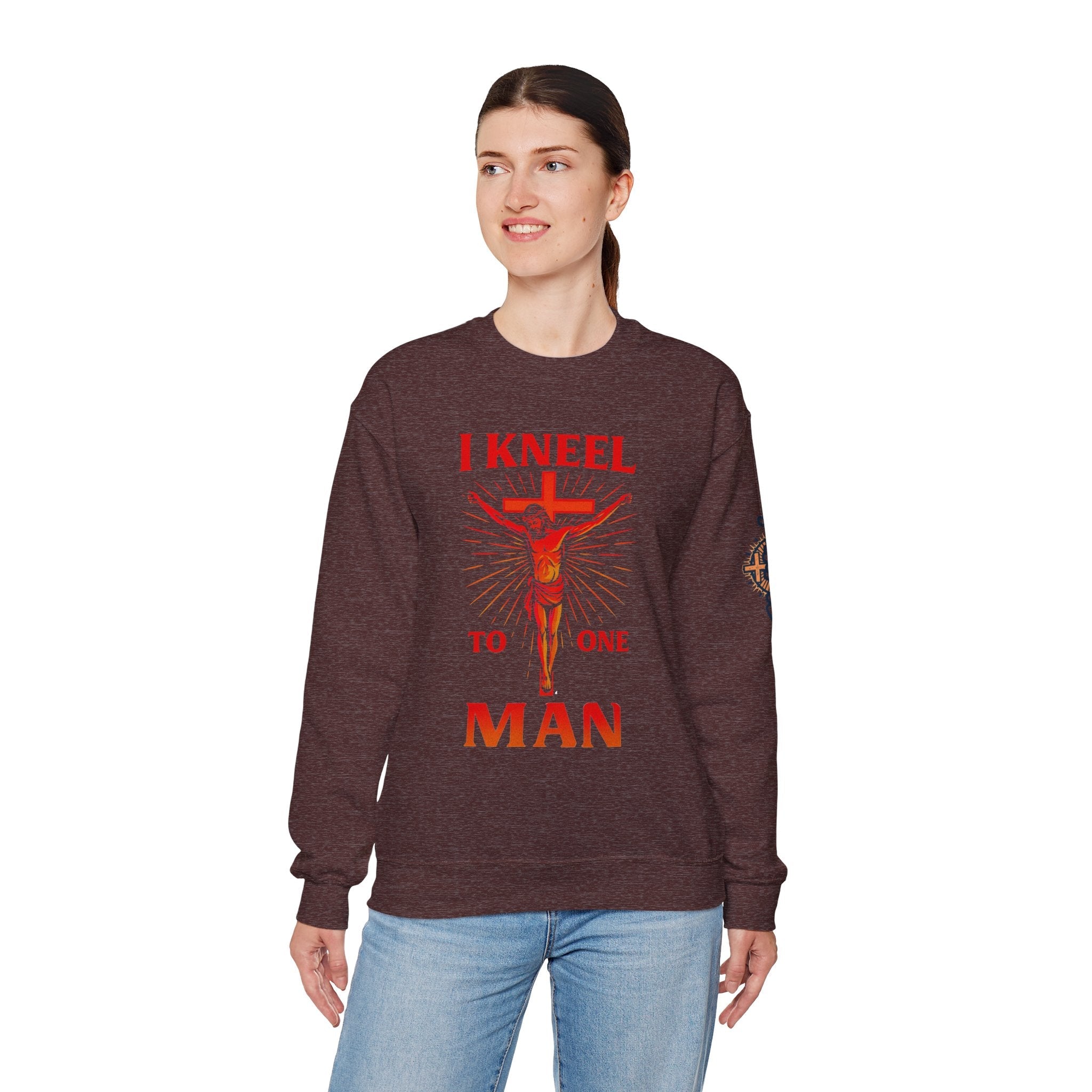 I Kneel to One Man Sweatshirt – Crucifixion Christian Sweatshirt for Unashamed Devotion & Bold Faith Printify