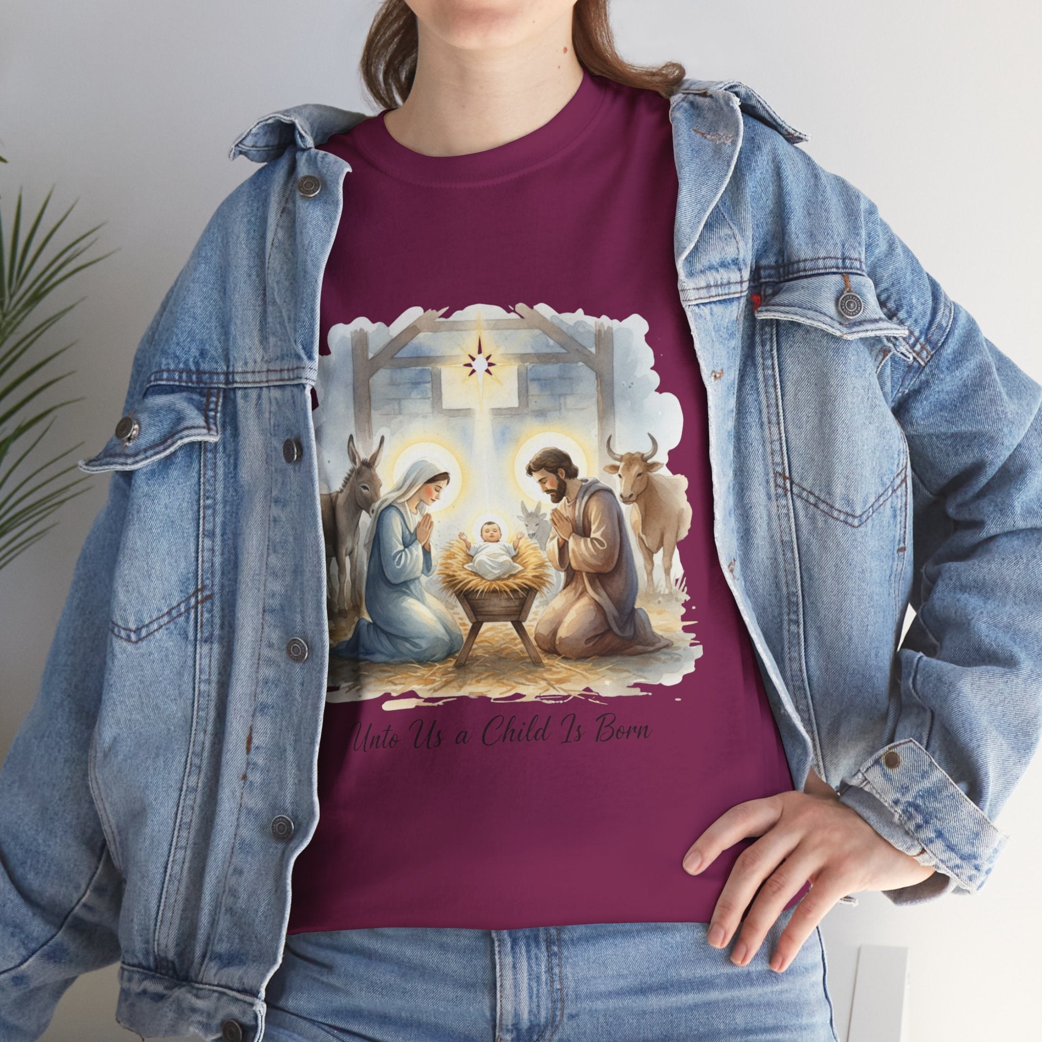 Unto Us a Child is Born T-shirt – Isaiah 9:6 Nativity Manger Scene Christian Christmas T-shirt for Holy Night Faith Printify