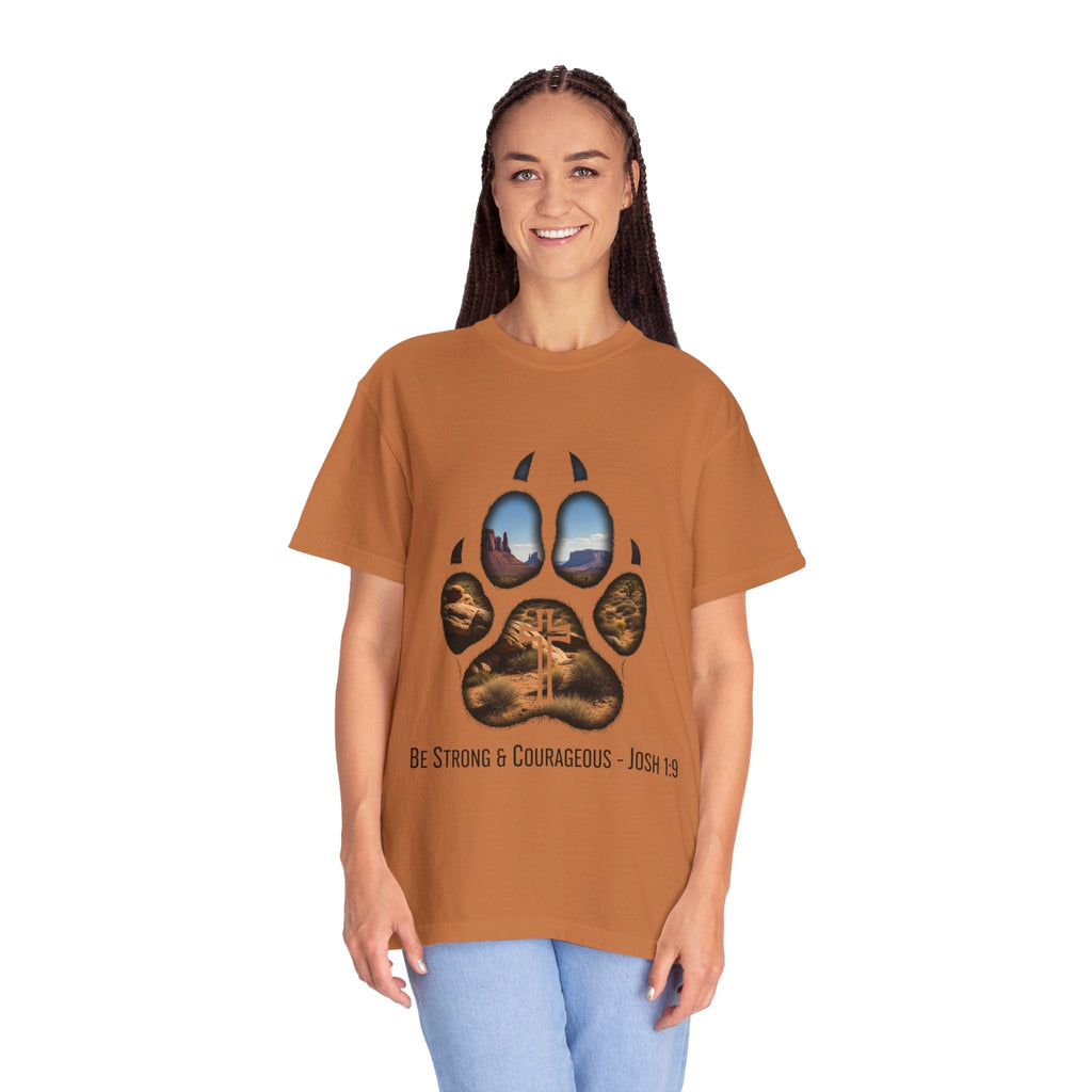 Strong and Courageous T-Shirt – Canine Pawprint Desert Joshua 1:9 Christian Tee Printify