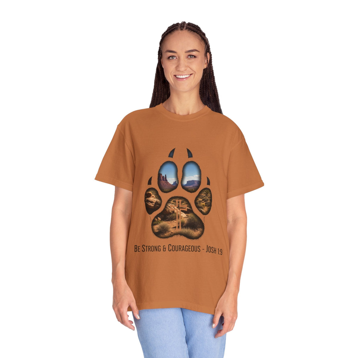 Strong and Courageous T-Shirt – Canine Pawprint Desert Joshua 1:9 Christian Tee Printify
