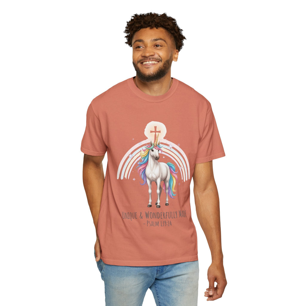 Unique Unicorn Christian T-Shirt – Wonderfully Made with Rainbow Cross & Psalm 139:14 Printify