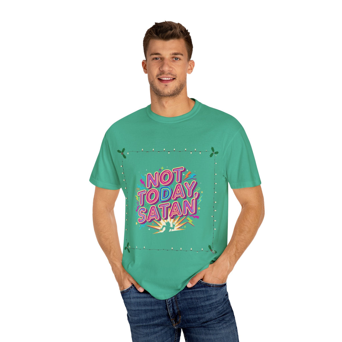 🔥 Not Today, Satan – Retro 90s Christian T-Shirt | Neon Faith Tee | Funky Cartoon Devil | Bold Bible Verse Shirt | Uplifted Gear Printify