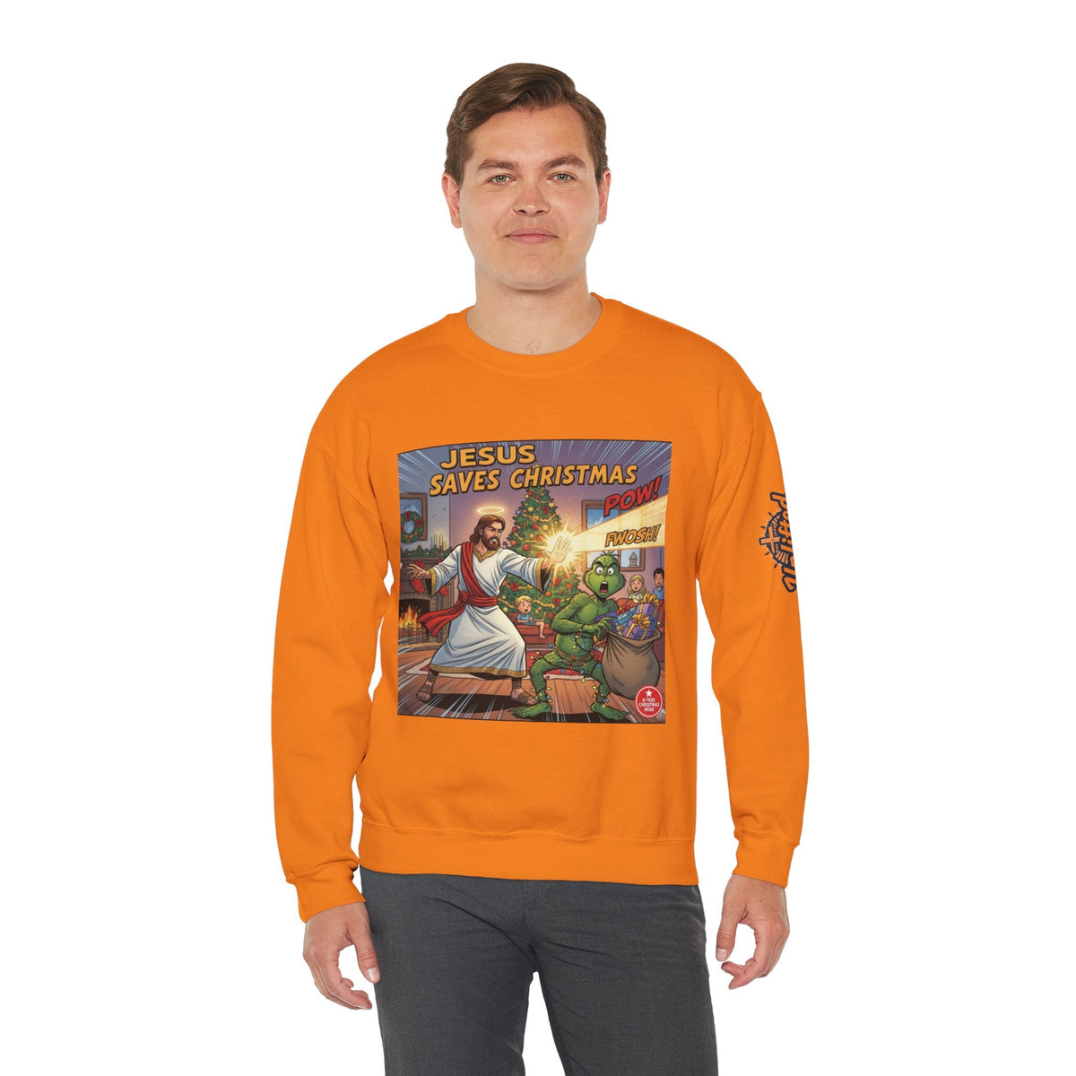 Jesus Saves Christmas Sweatshirt – Grinch vs Savior Light Battle Christian Sweatshirt for Hilarious Holiday Faith & True Joy Printify