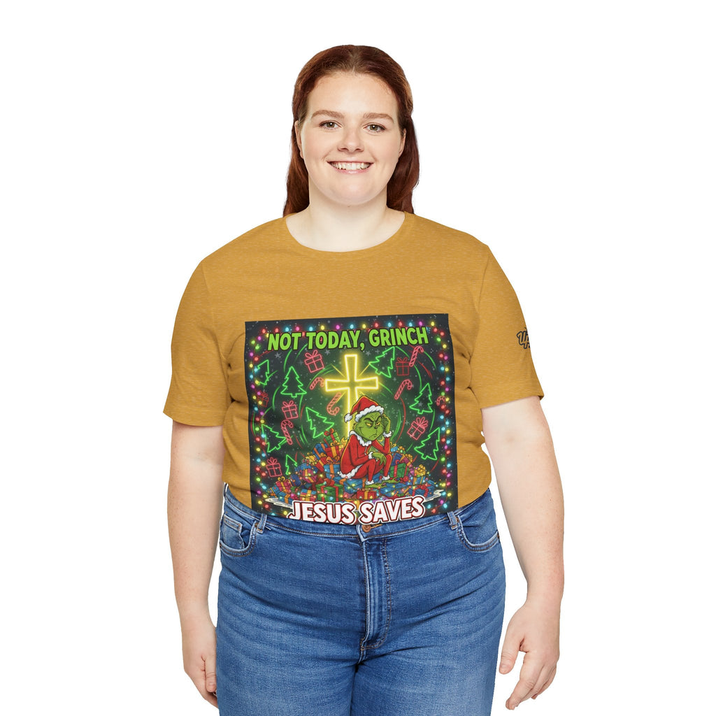 🎄 Not Today, Grinch – Jesus Saves | Funny Christian Christmas T-Shirt | Festive Green & Red Cartoon Style | Bold Faith Holiday Tee by Uplifted Gear Printify