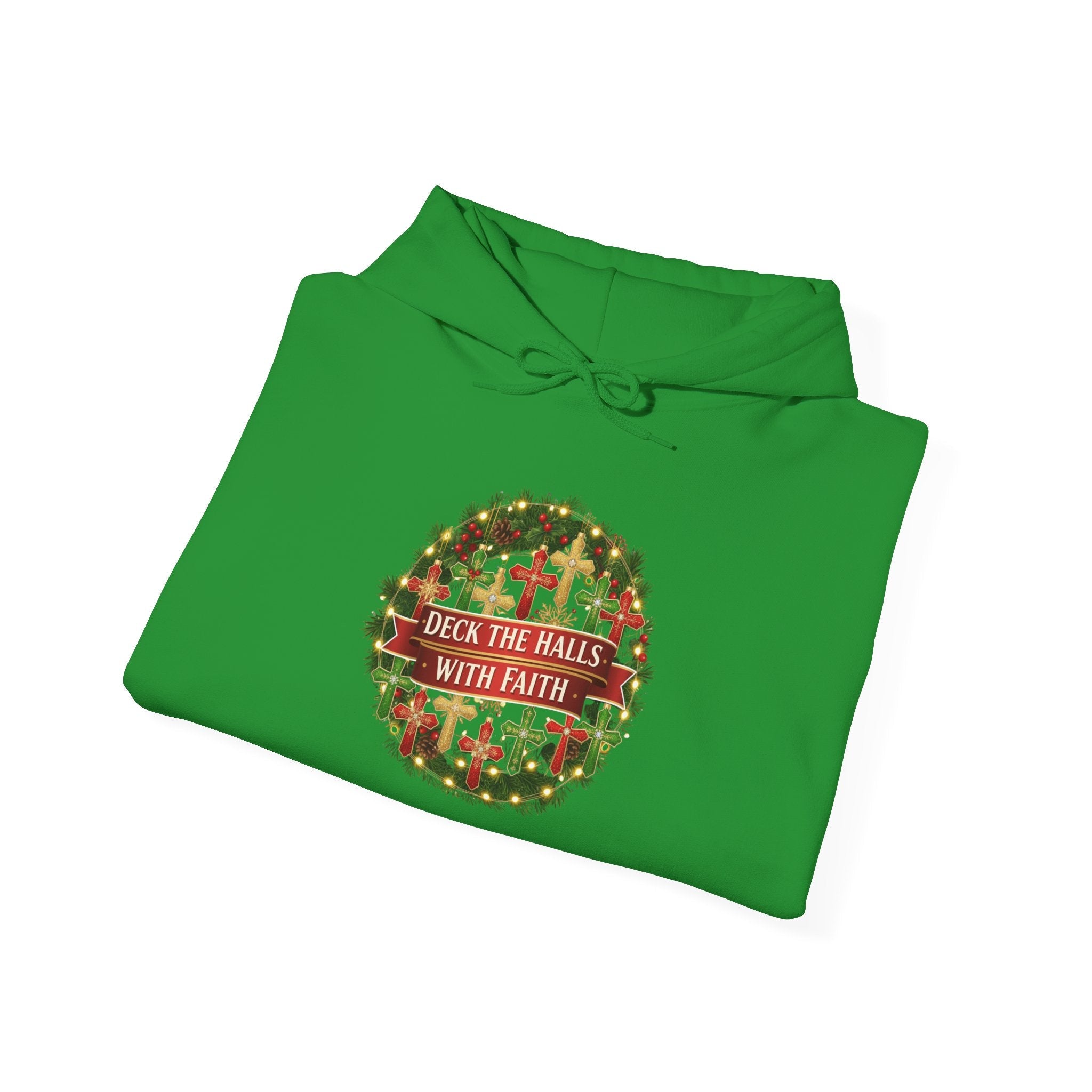 🎄 Deck the Halls with Faith – Christian Christmas Hoodie | Cross Ornament Design & Festive Garland | Bold Holiday Faith Tee by Uplifted Gear Printify