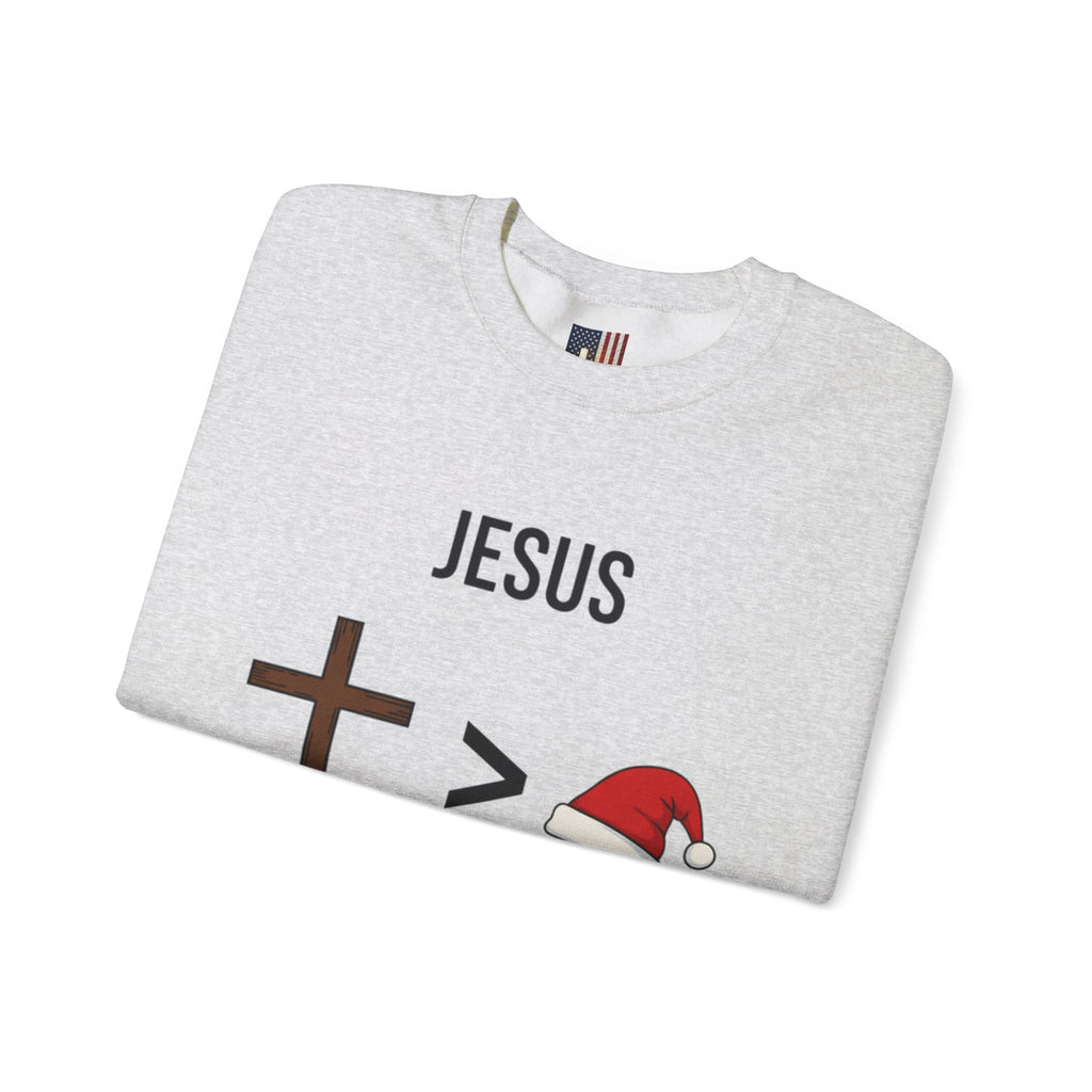 🎄 Jesus > Santa – Minimalist Christian Christmas Sweatshirt | Bold Faith Over Holiday Tee | Cross vs Santa Hat Design | Uplifted Gear Printify