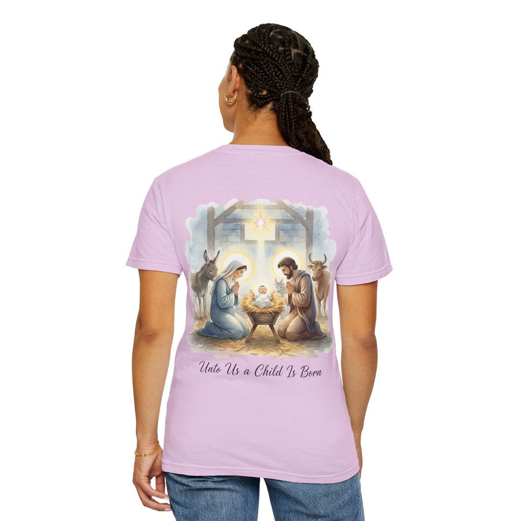 Unto Us a Child is Born T-shirt – Isaiah 9:6 Nativity Manger Scene Christian Christmas T-shirt for Holy Night Faith Printify