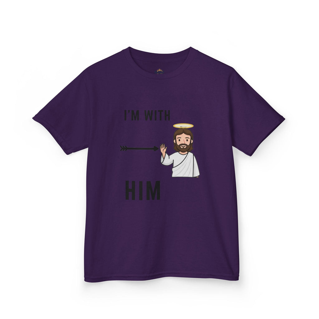 🔥 I’m With Him → Christian Kids T-Shirt | Arrow Pointing to Jesus | Minimalist Faith Tee | Subtle Cross Design | Bible-Inspired Apparel by Uplifted Gear Printify