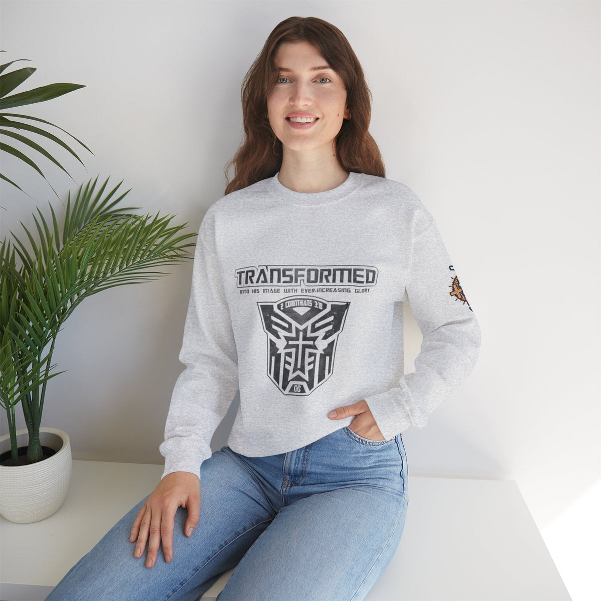 Transformer Logo Christian Sweatshirt | 2 Corinthians 3:18 Bible Verse Sweatshirt Printify