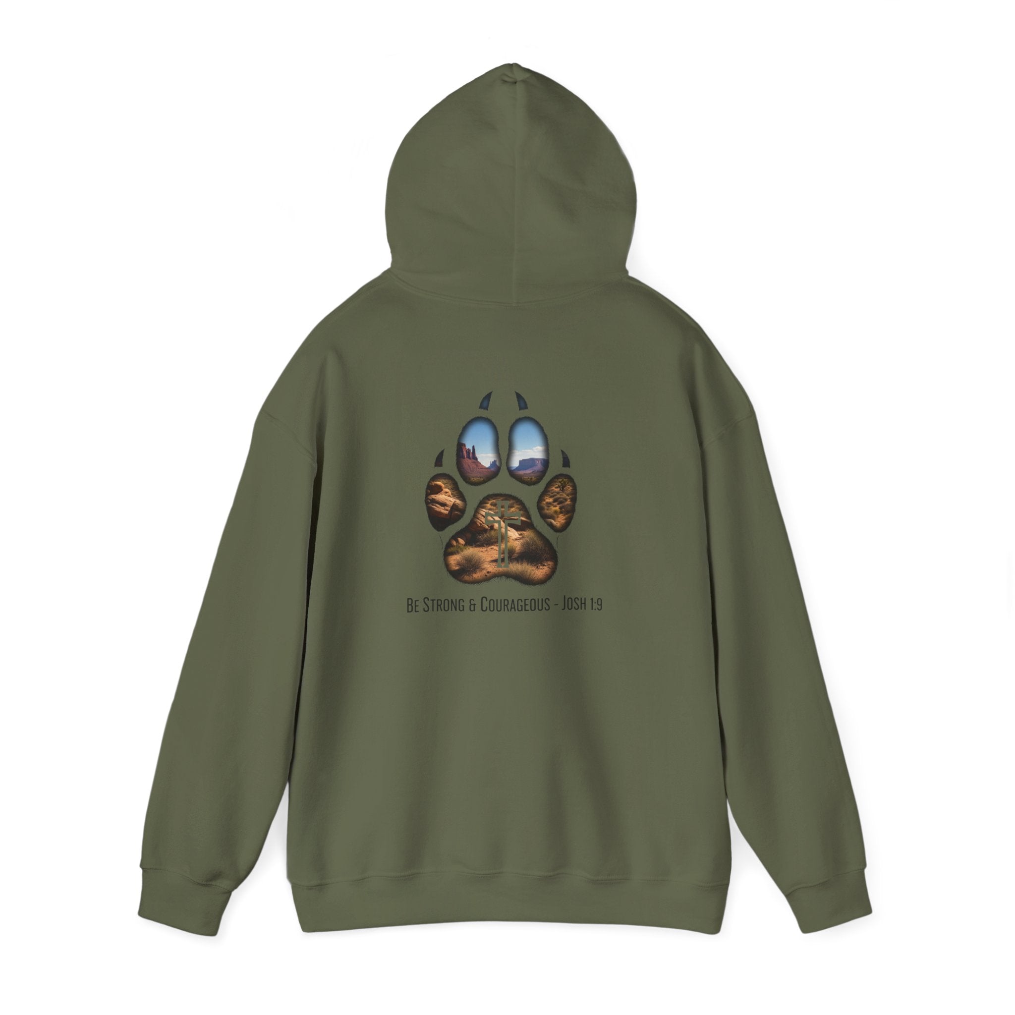Strong and Courageous Hoodie – Joshua 1:9 Canine Pawprint Desert Christian Hoodie for Dog Lovers Printify