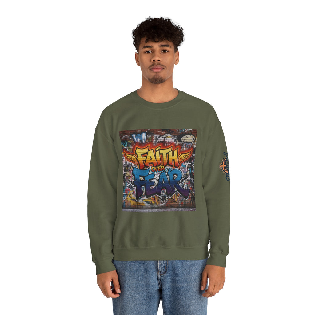 Faith Over Fear Sweatshirt – Graffiti Wall Christian Sweatshirt for Bold 2 Corinthians 5:7 Streetwear & Unshakable Faith Printify