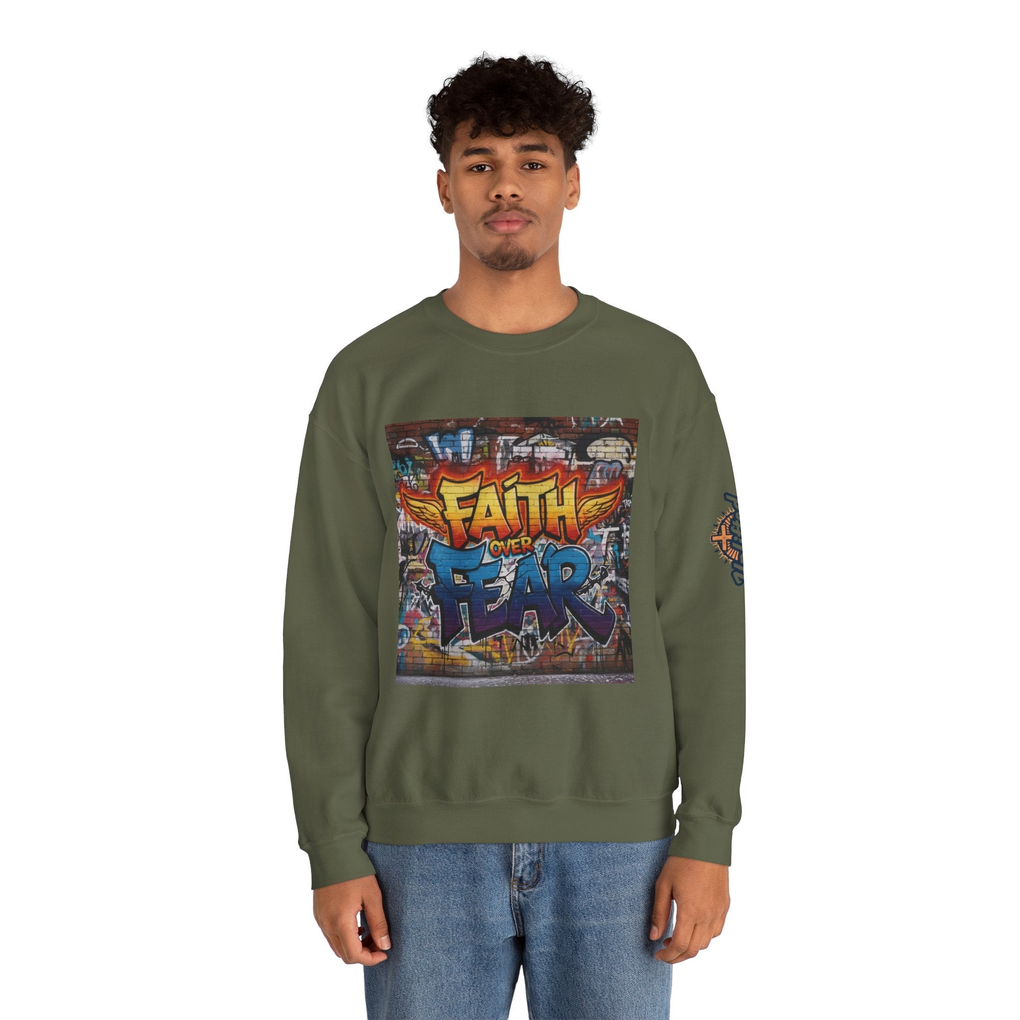 Faith Over Fear Sweatshirt – Graffiti Wall Christian Sweatshirt for Bold 2 Corinthians 5:7 Streetwear & Unshakable Faith Printify