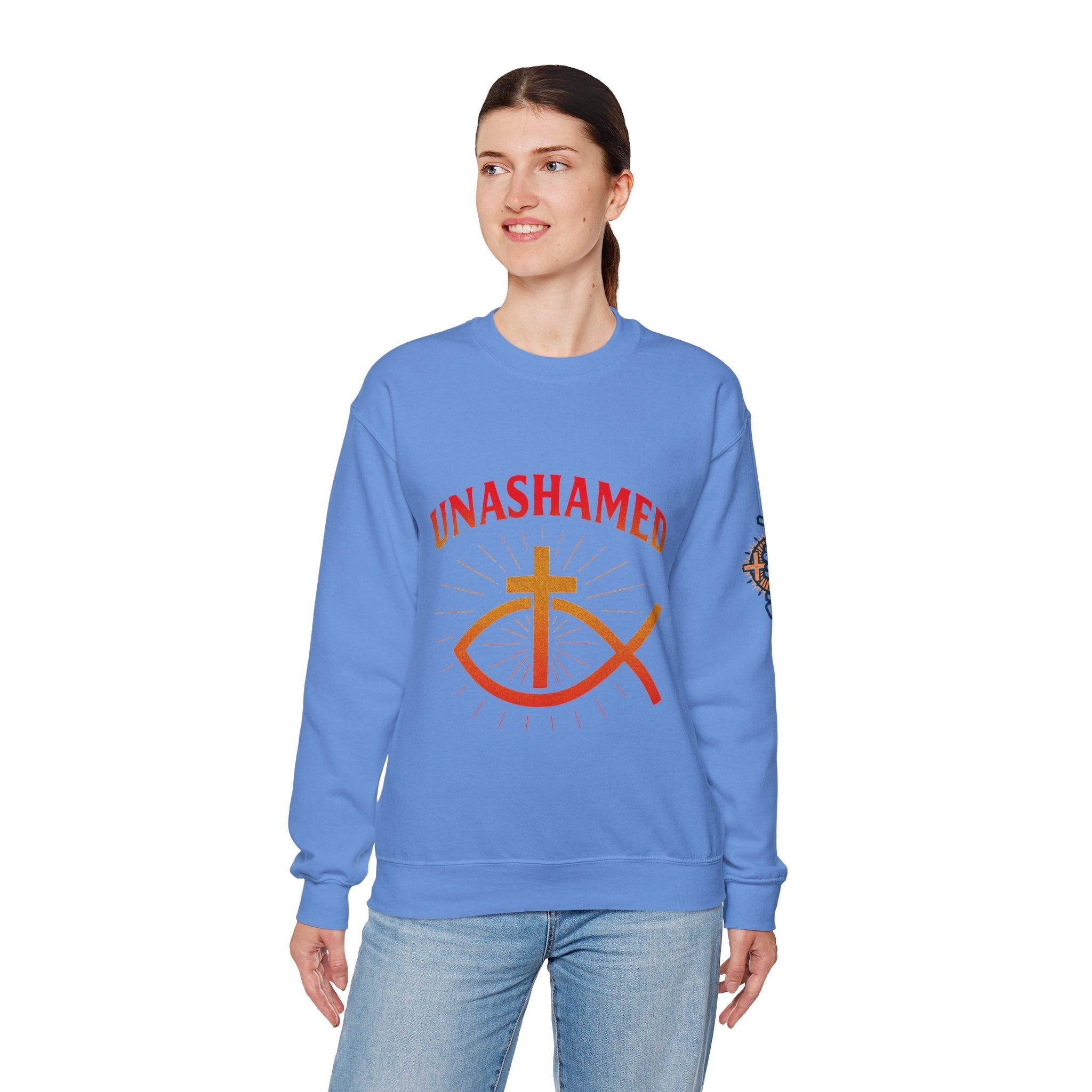 Unashamed Sweatshirt – Ichthys Jesus Fish & Cross Christian Sweatshirt for Romans 1:16 Bold Faith Printify