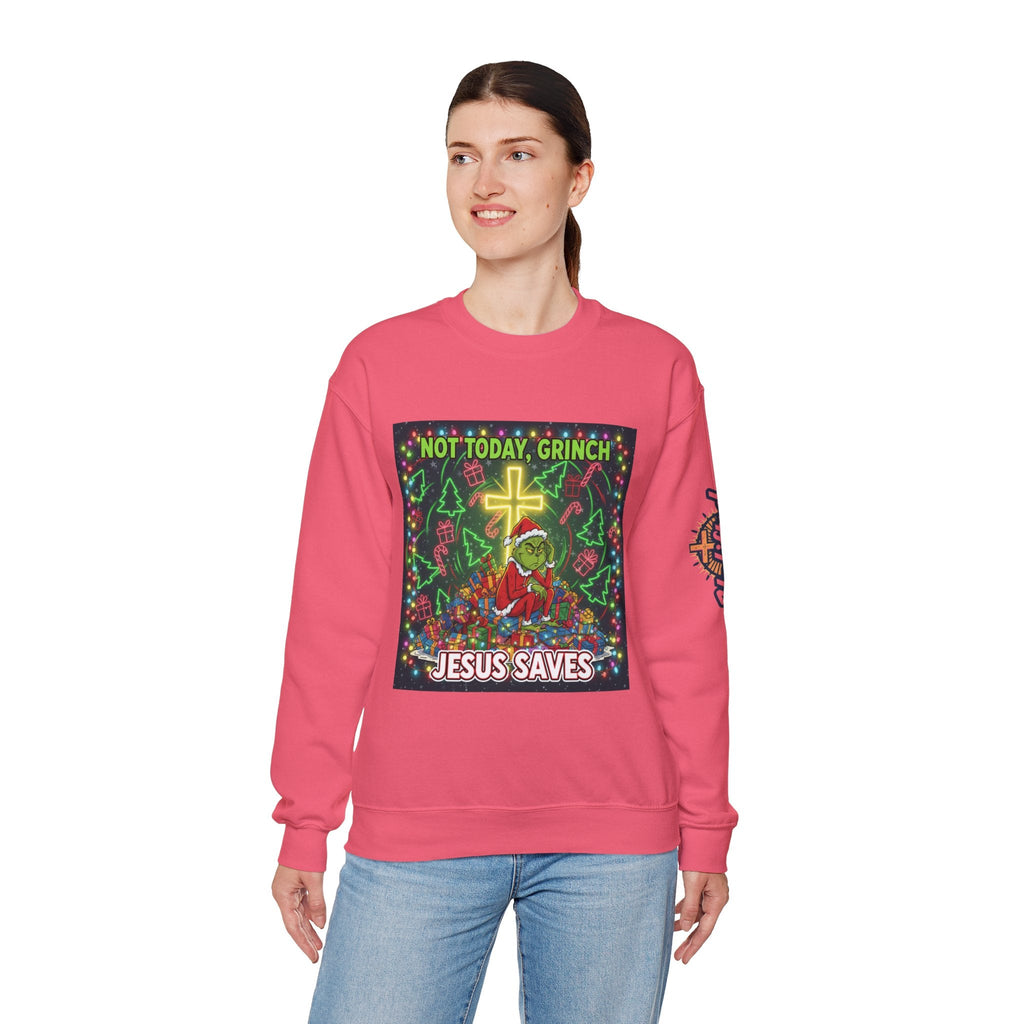🎄 Not Today, Grinch – Jesus Saves | Funny Christian Christmas Sweatshirt | Festive Green & Red Cartoon Style | Bold Faith Holiday Tee by Uplifted Gear Printify