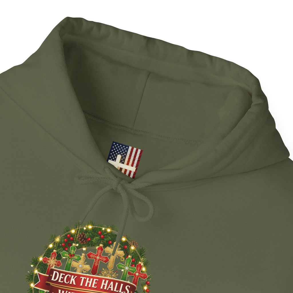 🎄 Deck the Halls with Faith – Christian Christmas Hoodie | Cross Ornament Design & Festive Garland | Bold Holiday Faith Tee by Uplifted Gear Printify