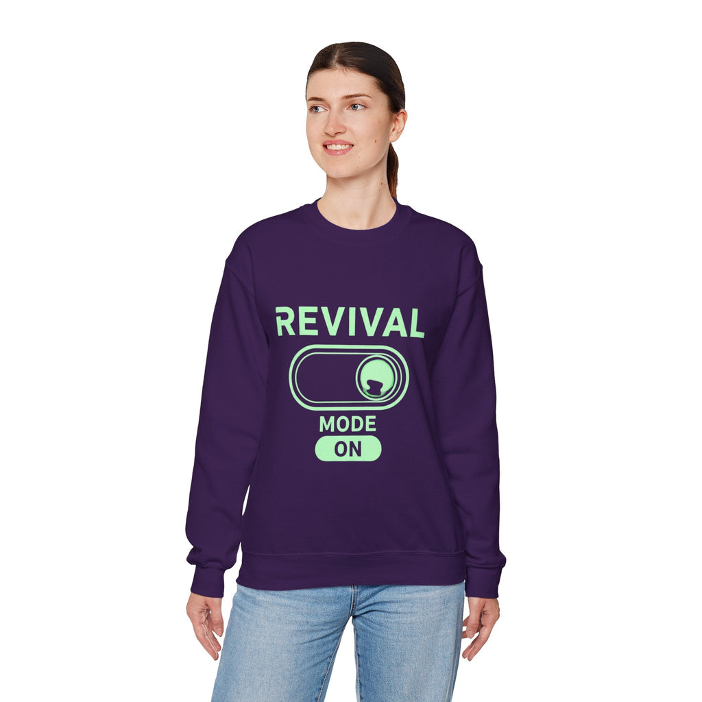 🔥 Revival Mode: ON – Christian Techwear Sweatshirt | Glowing Green Faith Switch | Futuristic Jesus Shirt | Activate Your Spiritual Awakening | Uplifted Gear Printify