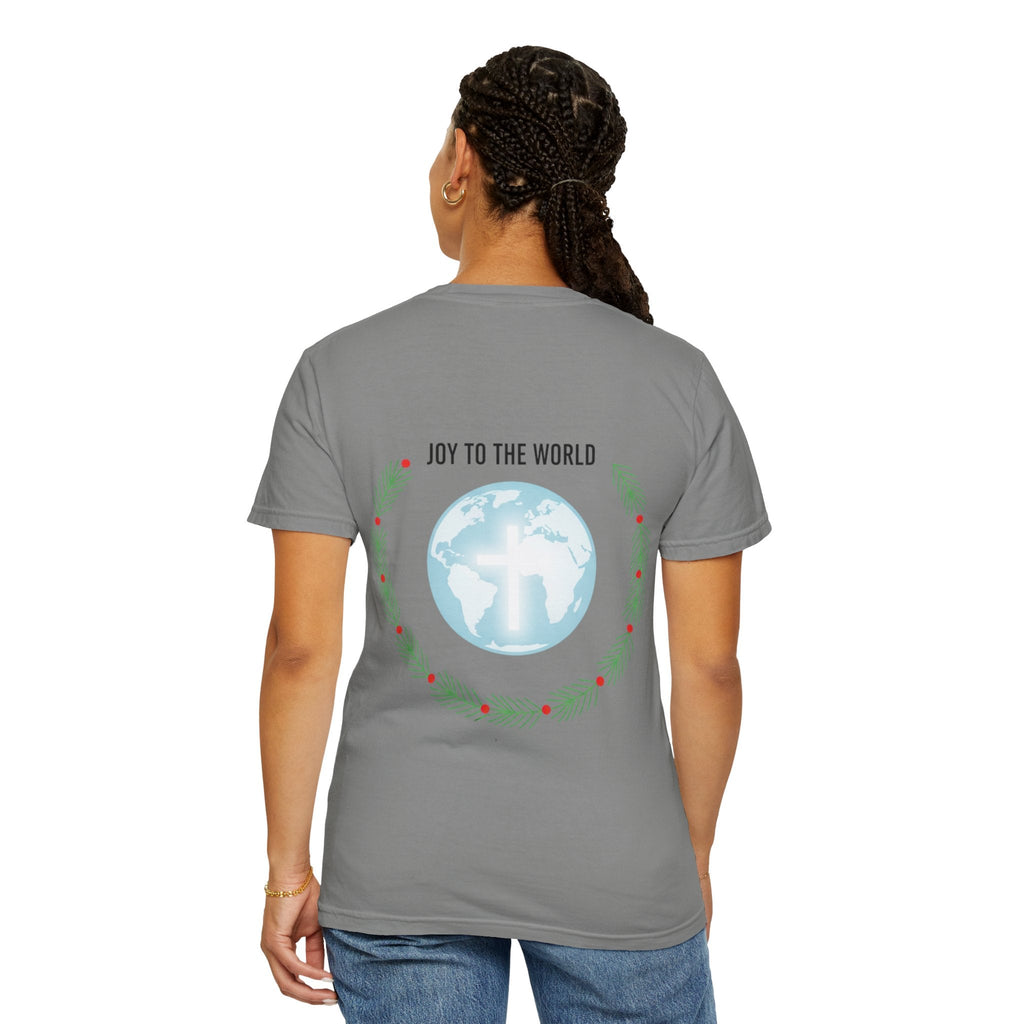 Joy to the World T-shirt – Wreath Earth Nativity Christian Christmas T-shirt for Isaiah 9:6 Holiday Faith & Festive Joy Printify