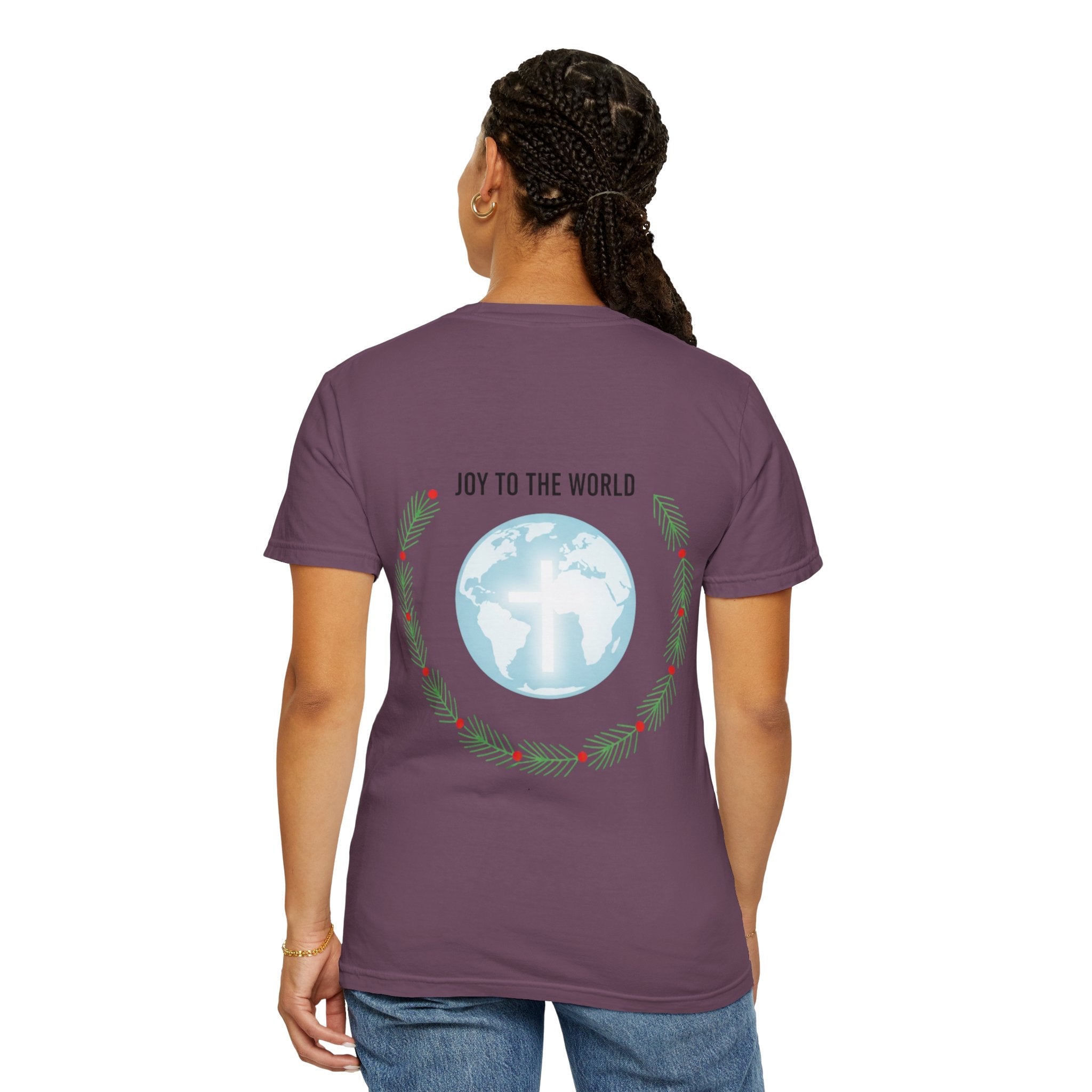Joy to the World T-shirt – Wreath Earth Nativity Christian Christmas T-shirt for Isaiah 9:6 Holiday Faith & Festive Joy Printify