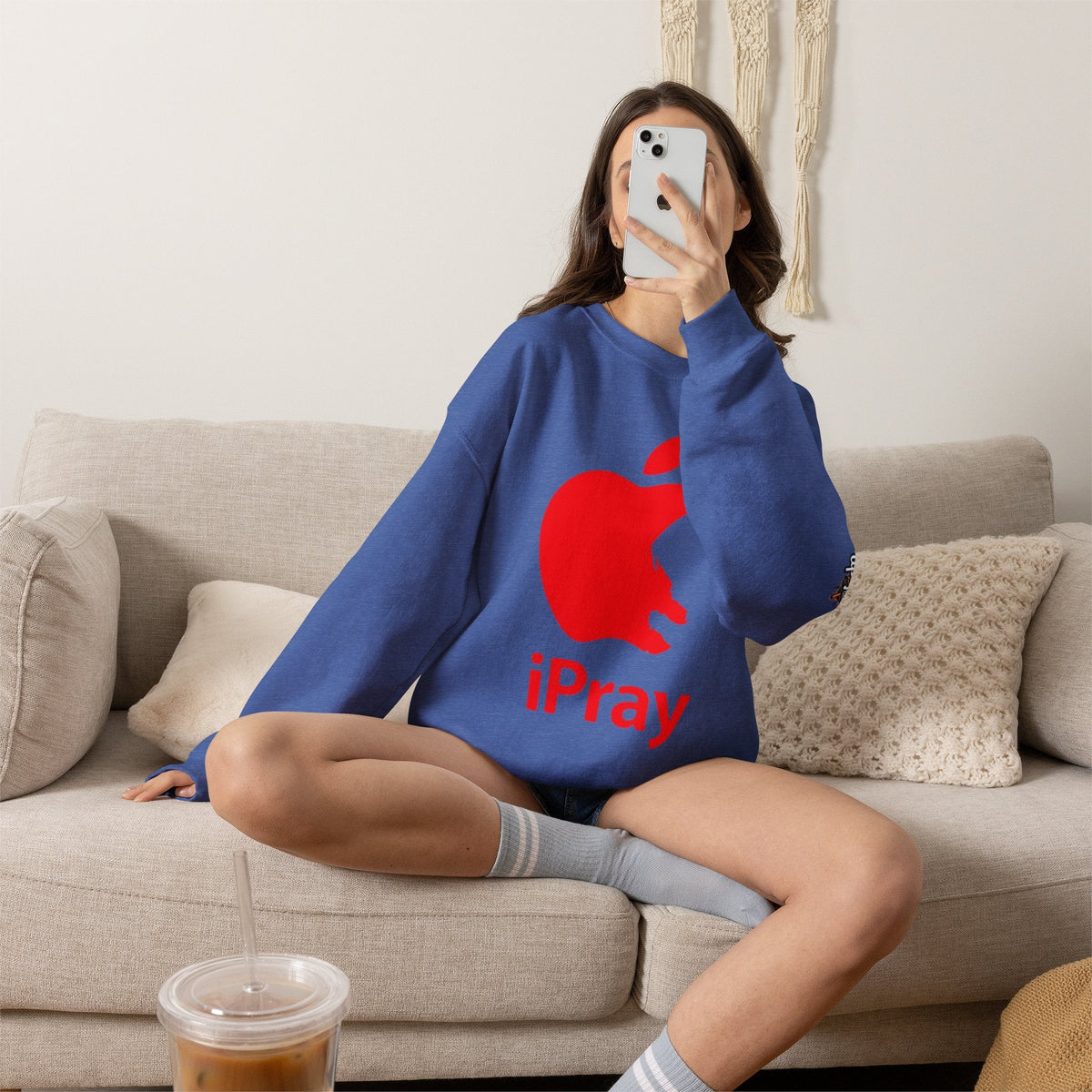 iPray Apple Logo Sweatshirt — Funny Christian Sweatshirt (Minimal Red Apple Graphic) Printify